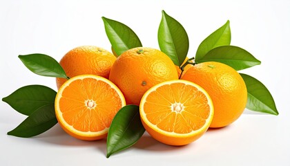 Group of Fresh Oranges with Green Leaves on White Background in Bright Natural Light