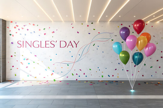 Vibrant balloons adorn a room decorated for singles day celebrations with festive confetti and subtle text