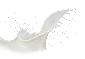 A dynamic splash of pure, milky white liquid forming a gravity-defying wave with suspended droplets against a transparent background, concept for high-end product advertising