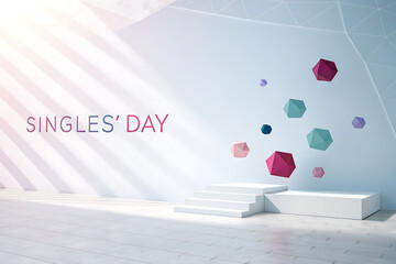 Singles day promotion with geometric shapes and soft light celebrating shopping and discounts for the annual event