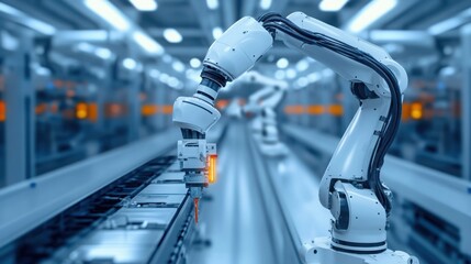 Robot arms work efficiently on a production line, assembling components in a highly automated smart factory equipped with advanced technology.
