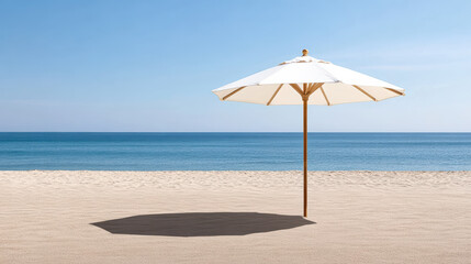 Fototapeta premium Beach umbrella casting shadow on empty sand, creating serene atmosphere by ocean