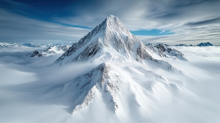 Majestic mountain peak covered in snow, surrounded by clouds and serene blue sky