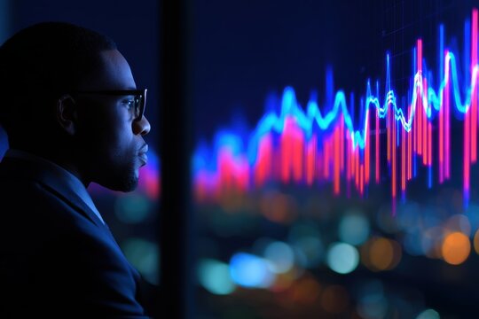 Professional man in suit analyzing financial data on a digital screen at night with city lights - Powered by Adobe