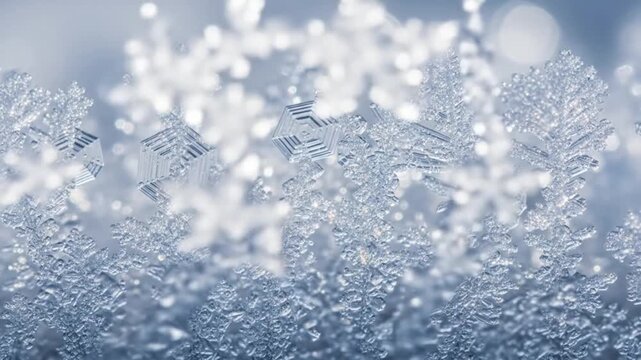 Beautiful macro closeup of delicate snowflakes with frosty crystal texture