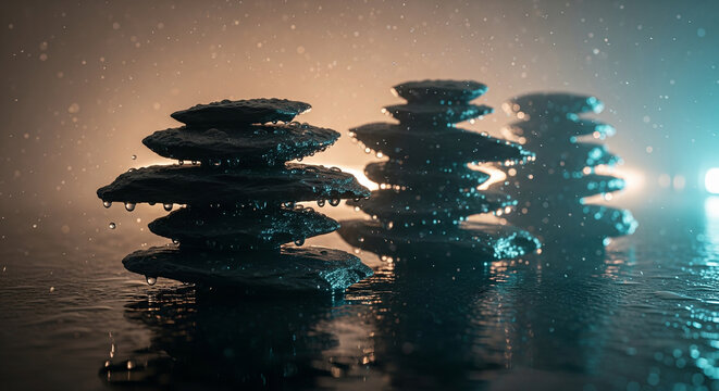 Zen stones stacked in perfect balance under the rain at night, a serene concept perfect for mindfulness, stability, and finding calm in chaos