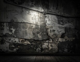 Grungy Black Wall with Cracked Paint and Shadows for Urban Texture in Dark Room Setting