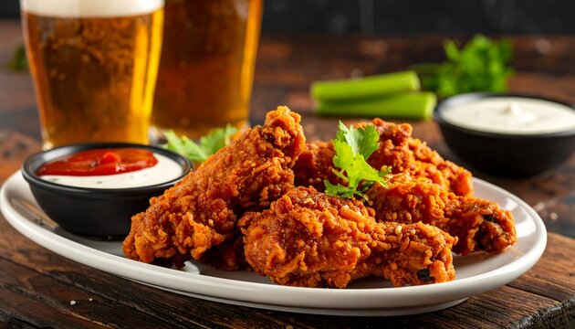 Crispy fried chicken wings served with sauces and beers