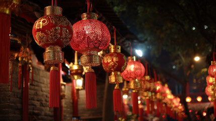 Traditional chinese new year red lanterns with golden tassels illuminate a festive night