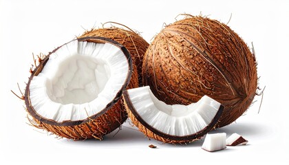 Halved Coconut with Slices on White Background Tropical Still Life Composition Showing Detail of Texture and Color Exotic Fruit Close Up