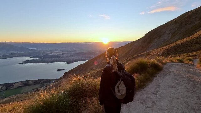 A girl pauses to admire a stunning sunrise over Wanaka, New Zealand, as golden light illuminates the mountains, lakes, and valleys below.