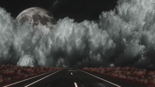 Lonely road under fearful moonlight night sky with dramatic cloud landscape and barren rural roadside vegetation leading into distant horizon