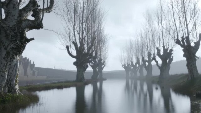 Misty foggy canal with pollarded tree trunks, fearful water reflection and glowing house lights creating eerie calm mood of mist and fog
