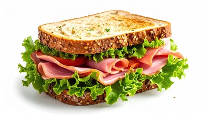 Ham and Lettuce Sandwich on Toasted Bread with Tomato and Lettuce Isolated on White Background in Natural Light