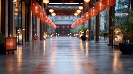 Elegant lanterns illuminate serene walkway adorned with glowing lights, creating festive