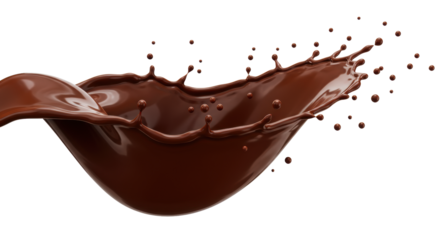 Glossy, rich dark chocolate liquid forms an elegant wave, scattering droplets mid-air against a transparent background with copy space. Concept of luxurious indulgence and appetite appeal