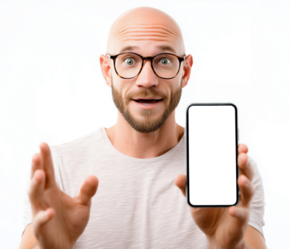 Young man with glasses making gesture while holding blank smartphone