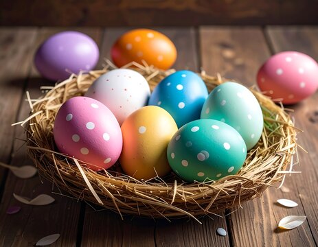 Colorful Easter Eggs in Nest on Wooden Table.