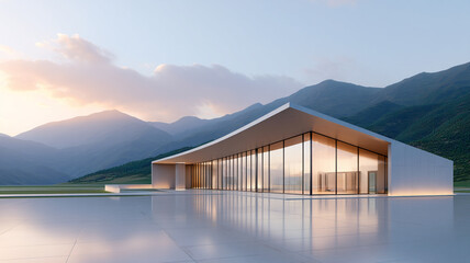 Modern architectural building with sleek design, featuring large glass windows and minimalist exterior, set against backdrop of mountains and serene landscape. structure reflects soft colors