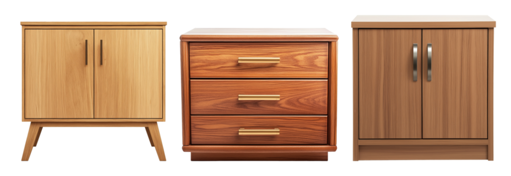 Three different wooden storage cabinets isolated on transparent background
