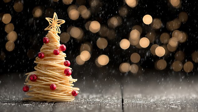 A whimsical christmas tree crafted from pasta and decorated with berries - Powered by Adobe