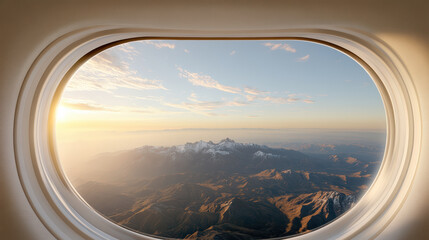 Breathtaking view of mountain peaks from airplane window at sunset, showcasing nature beauty