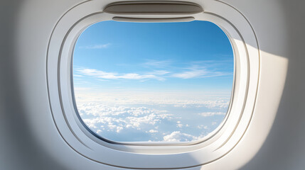 Fototapeta premium Close up view of airplane window reveals soft blue sky and fluffy clouds outside, evoking sense