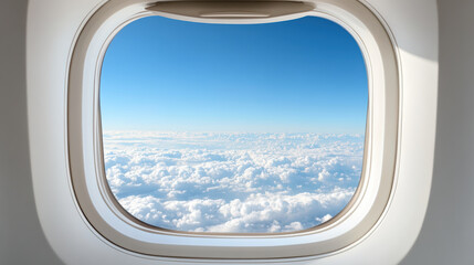 Fototapeta premium Aerial view from airplane window showcasing soft clouds and clear blue sky