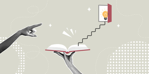 A trendy halftone collage. The path to enlightenment reading books. Books lead to a bright future. The concept of learning new opportunities, wisdom, knowledge, and education opens the door to success