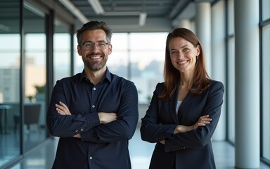 smiling male and female IT expert with arms crossed standing in a modern office. generative AI. High quality