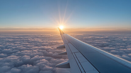 Obraz premium Aerial view of airplane wing above clouds with sunlight shining brightly, creating serene
