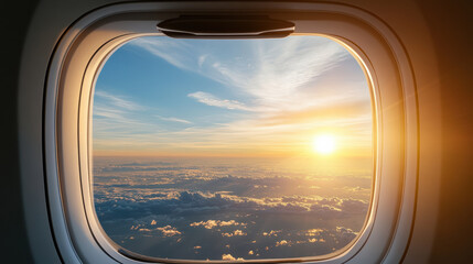 Fototapeta premium Sunset view from airplane window, clouds illuminated by warm light