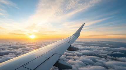 Obraz premium Aerial view of airplane wing above clouds during sunset, creating serene atmosphere