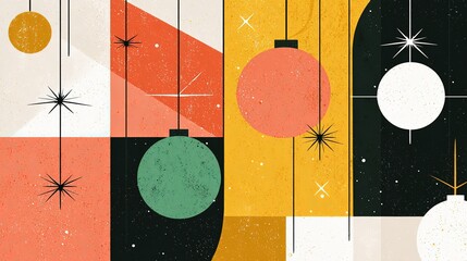 Retro Christmas baubles, colorful geometric shapes, starbursts, on abstract multicolor background, flat design, copy space