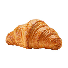 A single perfectly baked golden-brown croissant with crispy multi-layered flaky pastry and rich buttery texture, isolated on a pristine transparent background with copy space, concept for premium