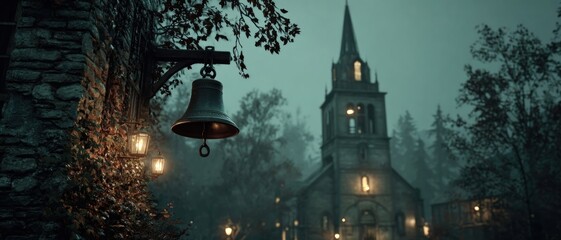 A lone, spectral chime gently swaying in the night wind from an unseen bell tower.