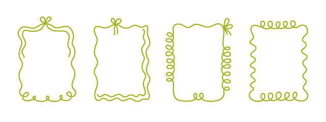 Coquette hand-drawn wavy frames set, squiggle curly swirl tied bow borders, ribbons cadre vintage modern vintage whimsical edgings elements, elegant trend stamps flirting girly style design. Isolated.