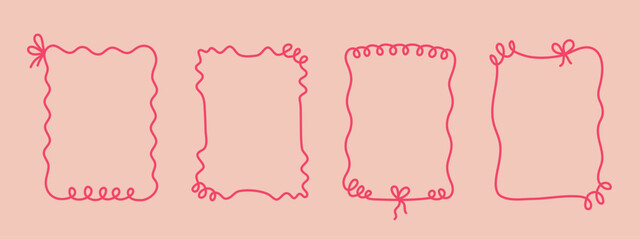 Coquette hand-drawn wavy frames set, squiggle curly swirl tied bow borders, ribbons cadre vintage modern vintage whimsical edgings elements, elegant trend stamps flirting girly style design. Isolated.