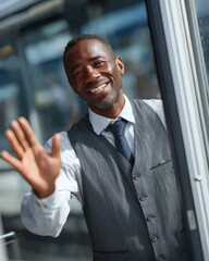 Fototapeta premium Friendly Businessman Greeting at Office Entrance Urban Setting Portrait Photography Welcoming Atmosphere