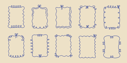 Coquette hand-drawn wavy frames set, squiggle curly swirl tied bow borders, ribbons cadre vintage modern vintage whimsical edgings elements, elegant trend stamps flirting girly style design. Isolated.