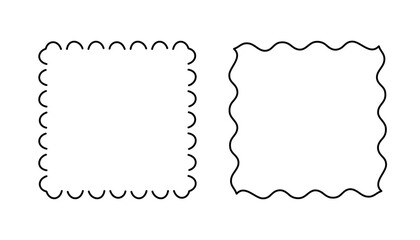 Square doodle stamp frames, hand-drawn wavy curly monograms. Edgings and cadres with simple sketchy scribble swirl design elements. Isolated. Vector illustration.