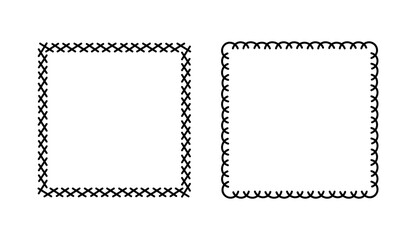 Square doodle stamp frames, hand-drawn wavy curly monograms. Edgings and cadres with simple sketchy scribble swirl design elements. Isolated. Vector illustration.