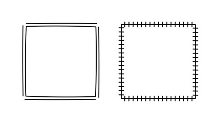 Square doodle stamp frames, hand-drawn wavy curly monograms. Edgings and cadres with simple sketchy scribble swirl design elements. Isolated. Vector illustration.