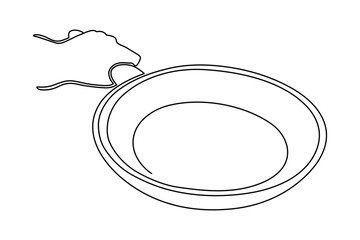 Hand holds frying pan one line art, hand-drawn kitchenware continuous drawing contour. Teflon non-stick cookware, chef's palm cooking utensils food preparation home-cooked cuisine. Editable stroke. 
