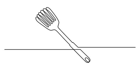 Kitchen spatula one line art, hand-drawn slotted turner kitchenware continuous drawing contour. Non-stick cookware, chef cooking utensil food preparation home-cooked cuisine. Editable stroke. Isolated