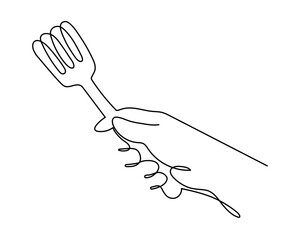 Hand holds kitchen spatula one line art, hand-drawn slotted turner kitchenware continuous drawing contour. Non-stick cookware, chef cooking utensil food preparation home-cooked cuisine. Editable