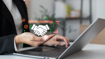 Businesswoman hand with handshake icon and affiliate marketing text, partnership, online sales growth, e-commerce strategy, and digital advertising concept.