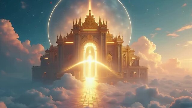 A golden hall floating in the sky with glowing runes and glitch distortions, abstract depiction of Valhalla without figures, symbolizing eternal afterlife and honor.