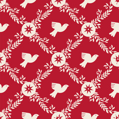 Red Dove Wreath Seamless Pattern