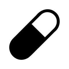 Monochrome image depicting a black and white capsuleshaped pill on white background